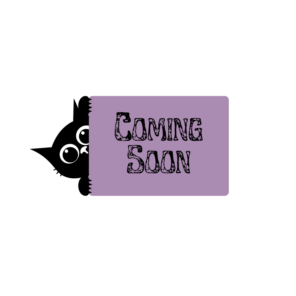 Black cat holding a Coming Soon sign
